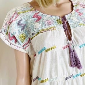 Free People Summer Pastel Peasant Embroidered Linen Knit Boho Top M